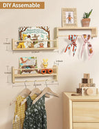 Maxpeuvon Nursery Floating Shelves for Wall, Set of 3 Book Shelves Natural Wood Wall Mounted Organizer with Towel Bar Hanging
