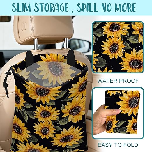 Car Garbage Bag Retro Yellow Sunflowers Hanging Canvas Car Trash Bag Drawstring Car Back Seat Organizer for Car Back Front Seat Console with Adjustable Buckle