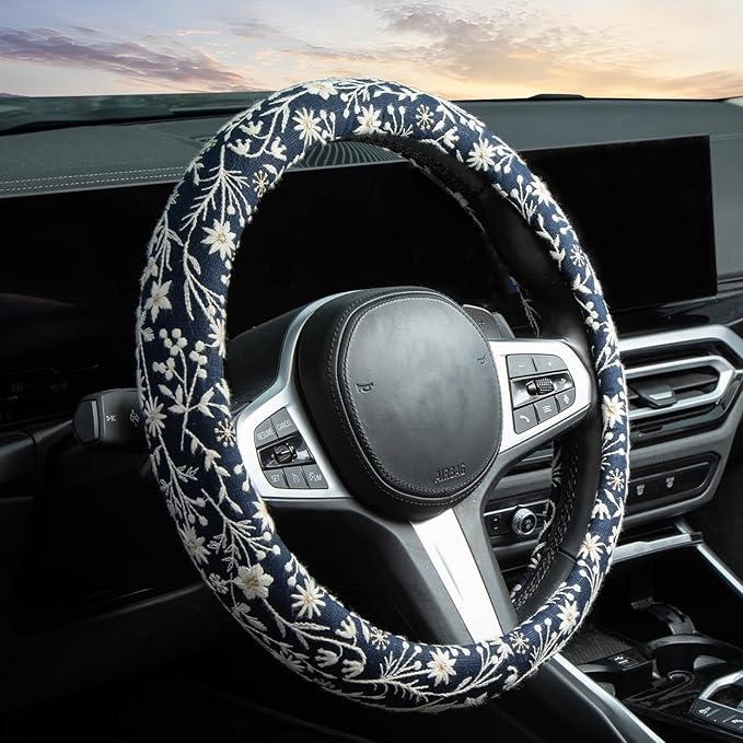 Brown Japanese Style Flower Steering Wheel Cover Auto Embroidery Steering Wheel Protector, Anti-Slip, Breathable, Absorbing S