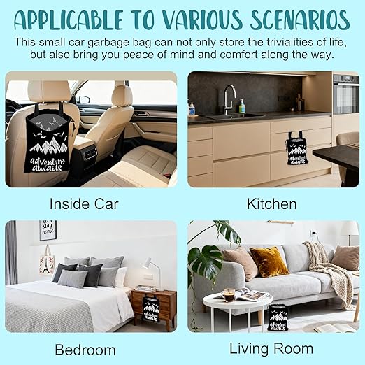 Adventure Awaits Car Garbage Bag Mountain and Bird Hanging Canvas Car Trash Bag Drawstring Car Back Seat Organizer for Car Back Front Seat Console with Adjustable Buckle