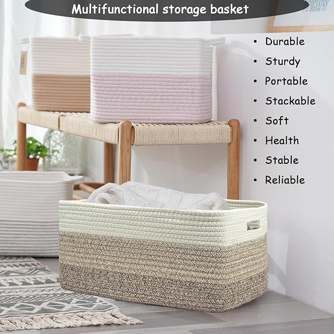 COMFY-HOMI Cotton Rope Woven Basket with Handles for Shelves,Toys,Book, Cloth Storage Baskets for Organizing-17" x 13" x 7.5"
