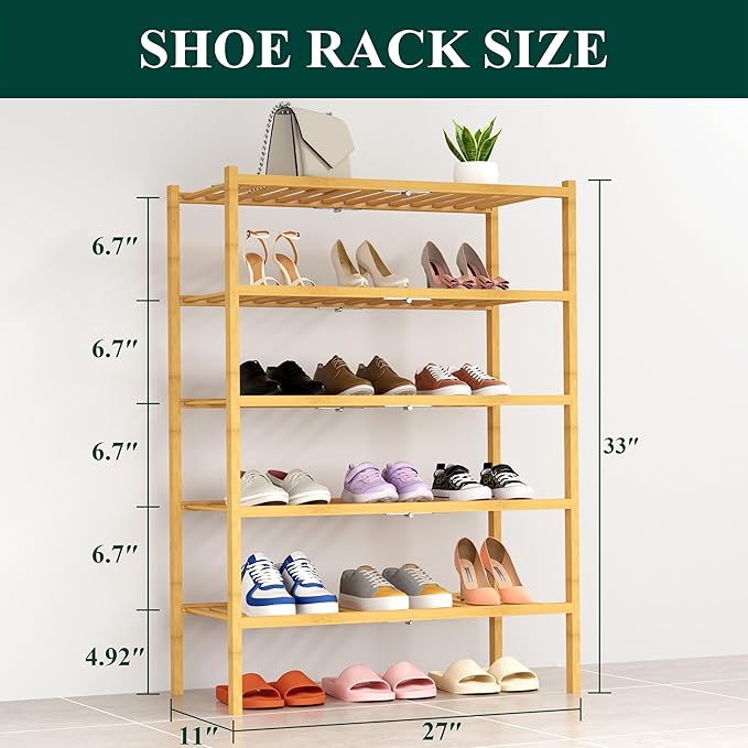 Smiry Shoe Rack, 5 Tier Thick Bamboo Shoe Organizer, Stackable Free Standing Wooden Shoe Storage Shelf for Closet, Entryway, 