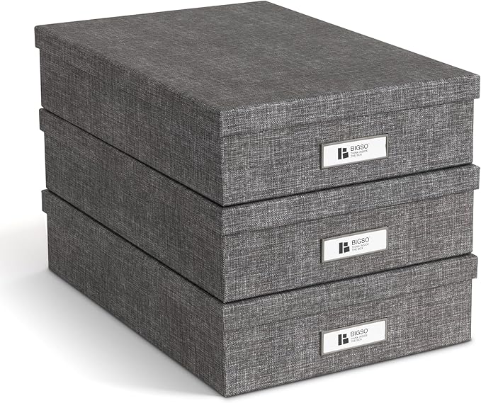 Bigso Oskar Canvas Fiberboard Document Letter Box for Important Paperwork A4 or Letter Size - Durable Keepsake Box with Lid a
