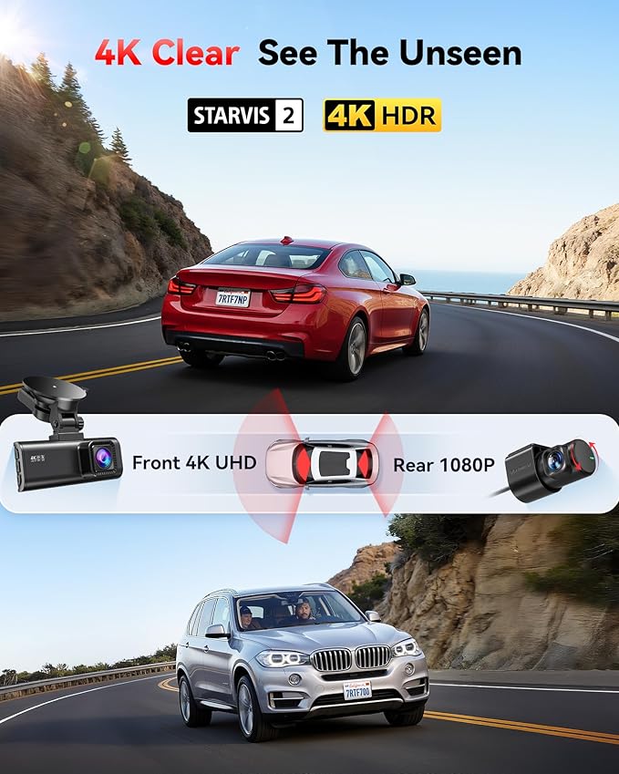 REDTIGER 4K Dash Cam Front Rear, STARVIS 2 Sensor, Free Card Included, 5.8GHz WiFi-20MB/s Fast Download, Dash Camera for Cars