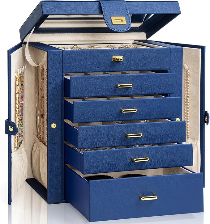 AKOZLIN Large Jewelry Box Organizer Functional with Big Mirror, Leather Jewelry Storage Case for Women Girls Ring Necklace Ea