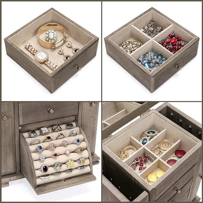 Emfogo Jewelry Box for Women, Rustic Wooden Jewelry Boxes & Organizers with Mirror, 4 Layer Jewelry Organizer Box Display for
