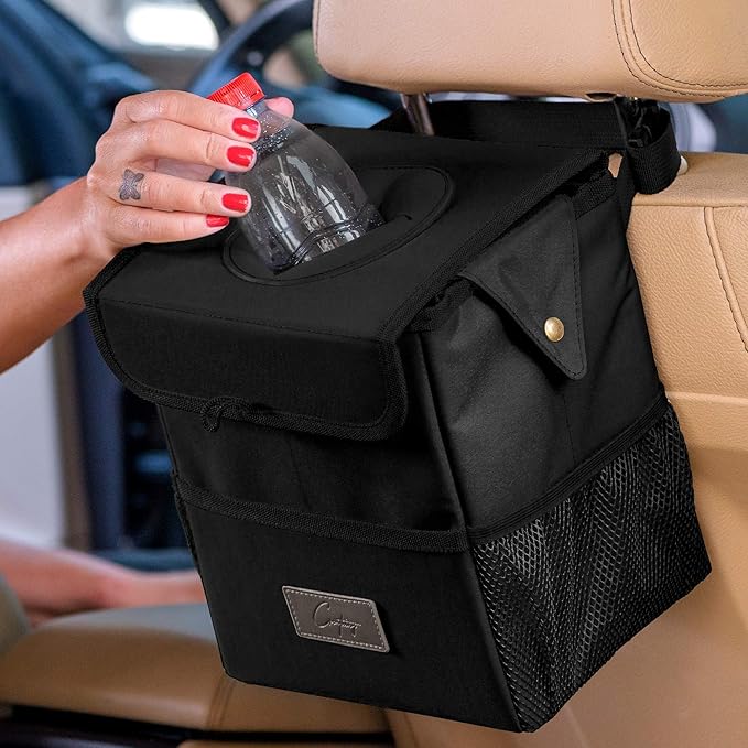 Creathing Car Trash Can [Touring Edition] - Removable Liner - 100% Leakproof, Odor Control Lid, Hanging Garbage Bin for SUV, Truck, Car (2 Gal, Black)