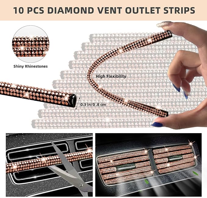 NBTEPEM 30 Pcs Bling Car Accessories Set for Women, Steering Wheel Cover Set, Bling Console Cover, Seat Belt Cushion, Shift Knob Cushion, Cup Coaster, Rhinestone Car Hanging Accessories (Champagne)