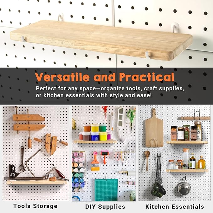 Solid Wood Pegboard Shelf, High Balance and No tilt, Pegboard Accessories, Wooden Pegboard Shelves for 1/4" Metal Pegboard, 2