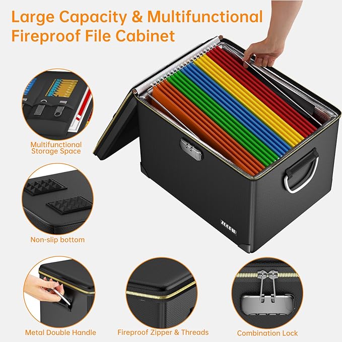 Fireproof Document Box,Hard Case File Organizer with Fireproof Zipper&Threads,Non-Foldable Filing Cabinet with Lock, Portable