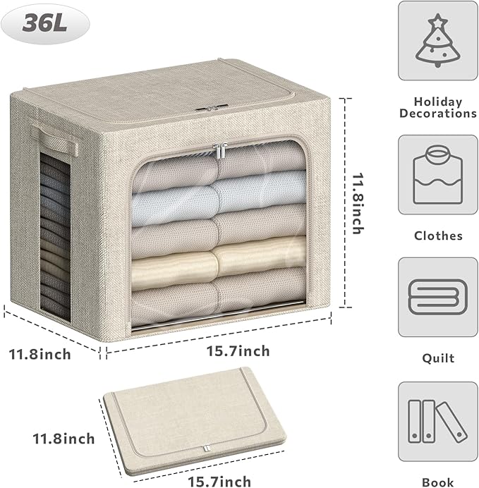 4 Pack Clothes Storage Bins with Metal Frame - 36L Stackable Storage Box with Lid，Foldable Storage Container Organizer for Cl