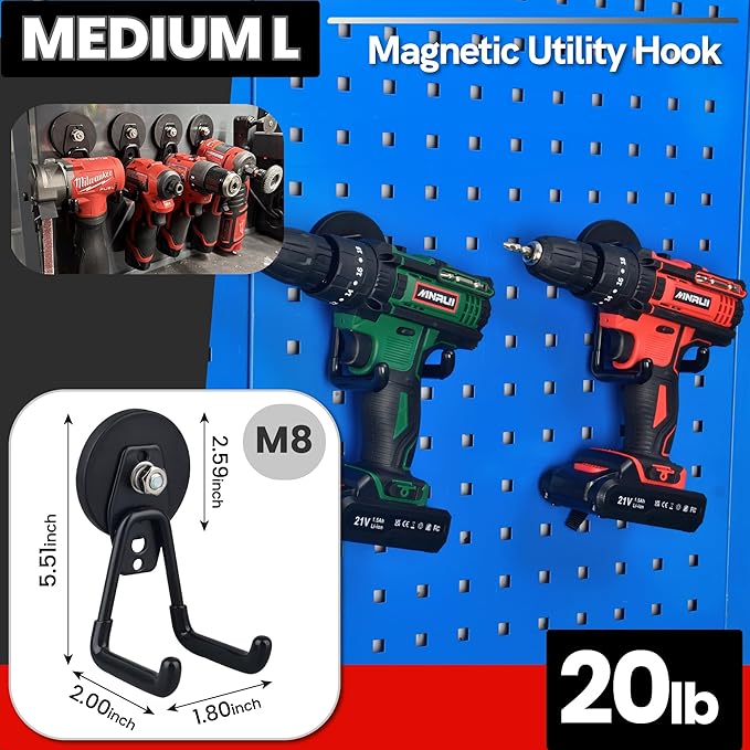 ULIBERMAGNET Heavy Duty Magnetic Garage Hooks Kit,12 Pack Strong Large Magnet Hook for Power Drill,Garden Tools,Hose,Pegboard