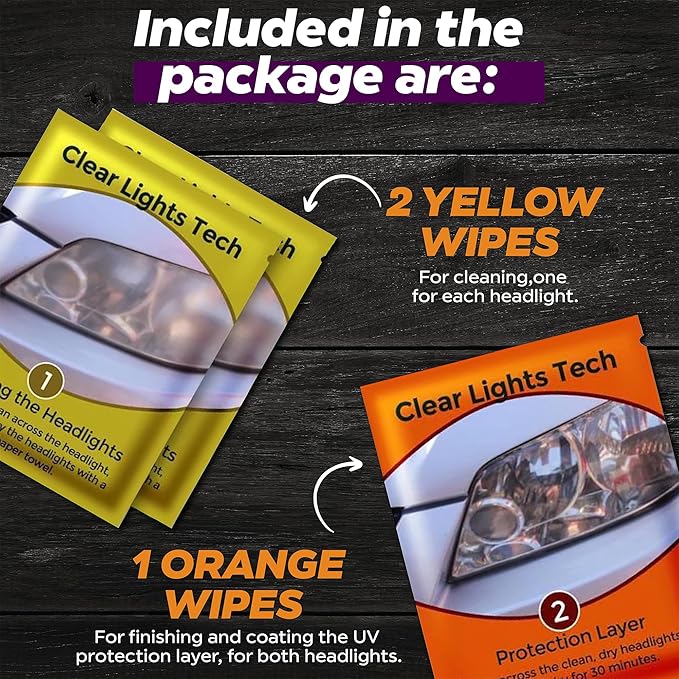 Headlight Restoration Kit - Headlight Cleaner 3-Wipe System, Restores Clarity, Removes Yellowing & Oxidation, Improves Nightt