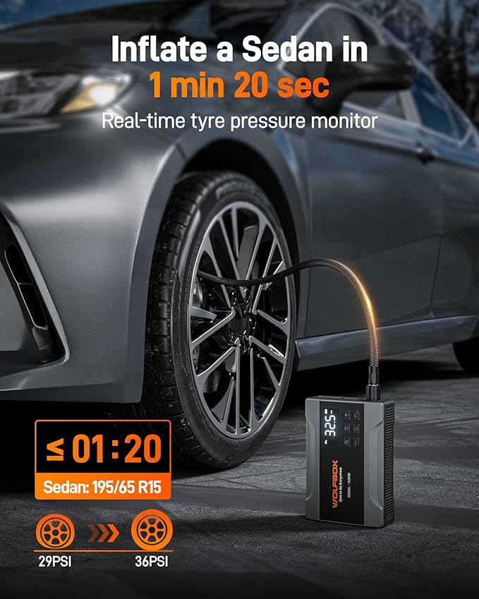 WOLFBOX 2000A Jump Starter with Air Compressor, 37Wh Car Battery Jumper Starter Portable (up to 5L Gas Engine) with 150PSI