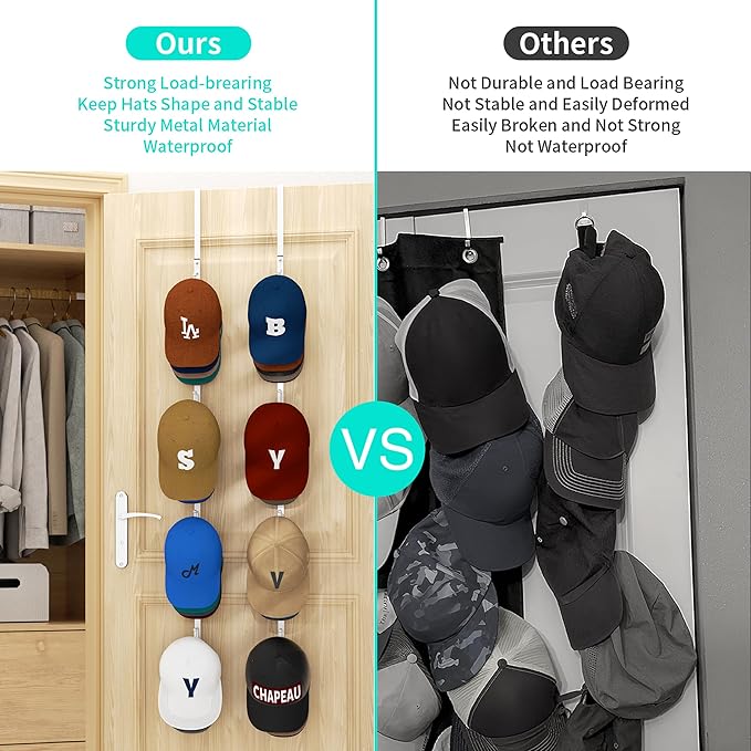 HapiRm Over Door Hat Rack - 4 Packs Metal Hanging Hat Organizer with 16 Hooks Design, Baseball Cap Hanger Organizer Storage H