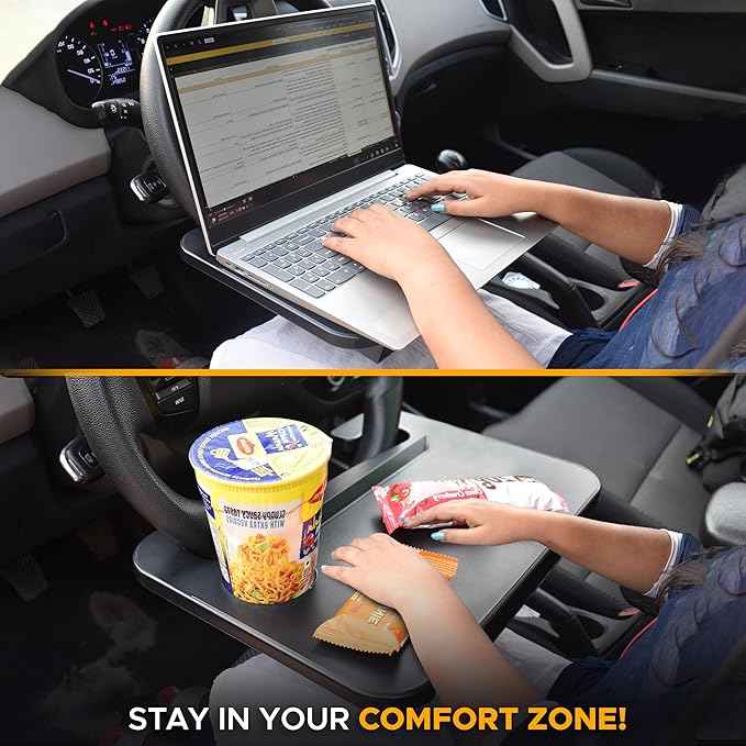 EcoNour 3-in-1 Steering Wheel Tray with Car Seat Gap Filler Organizer (1 Pack) | Food Table for Eating in Car | Laptop Desk, iPad Holder and Storage Box in-Between Seat Organizer | Car Accessories