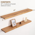 Floating Shelves for Wall, 40"Wx8"D Rustic Solid Elm Wood Floating Shelves Wall Mounted, Round Edge Wall Shelves with Invisib