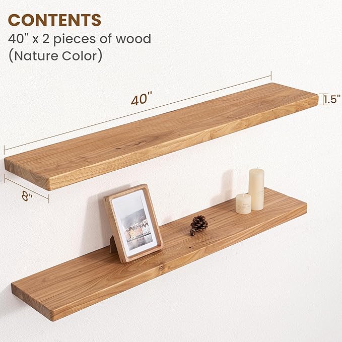 Floating Shelves for Wall, 40"Wx8"D Rustic Solid Elm Wood Floating Shelves Wall Mounted, Round Edge Wall Shelves with Invisib
