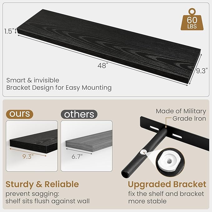 Fun Memories 48 Inch Floating Shelves in Black, 9.3 Inch Deep Floating Shelf for Bathroom Living Room Kitchen, Rusitc Wall Mo