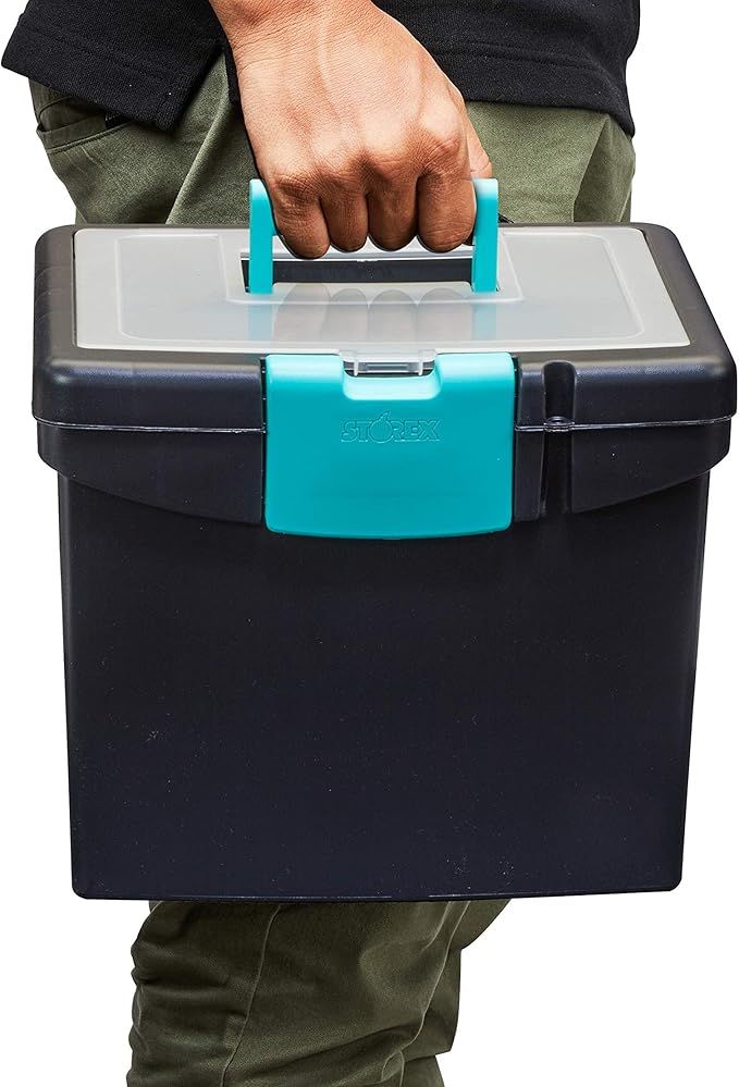 Storex Portable File Box, with Lockable XL Supply Storage Lid and Carry Handle, Black/Teal, 10.9 x 11 x 13.25 Inches, 2-Pack 