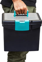 Storex Portable File Box, with Lockable XL Supply Storage Lid and Carry Handle, Black/Teal, 10.9 x 11 x 13.25 Inches, 2-Pack 