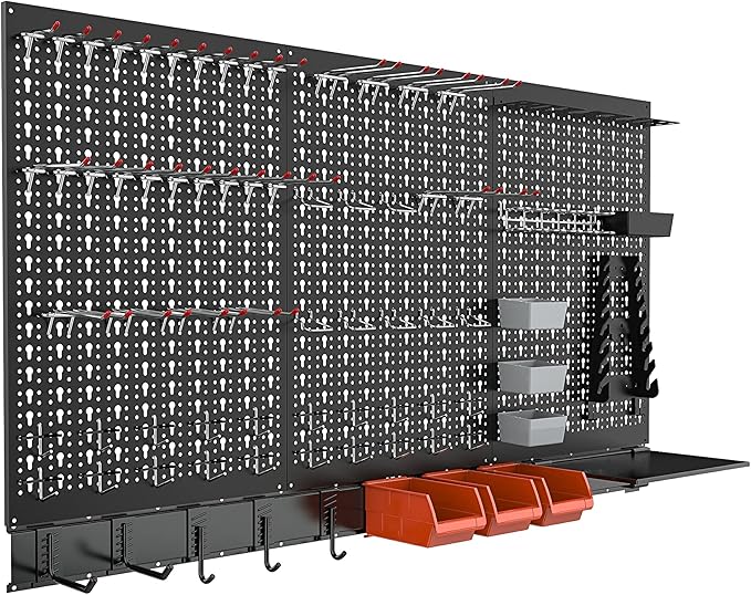 TORACK Metal Pegboard Wall Organizer System for Garage, 109PCS Kit with Pegboard Bins, Hooks, Peg Locks, Black Steel