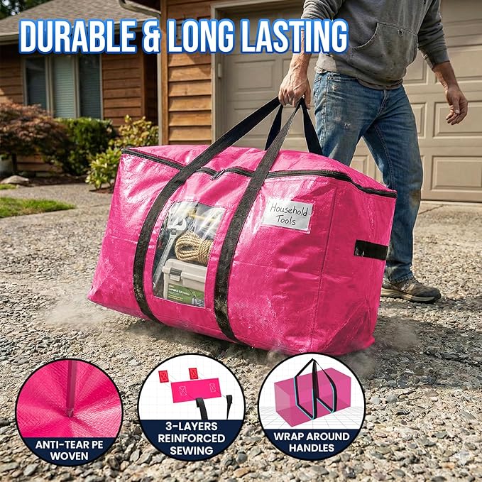 TAILI 6 Pack Pink Extra Large Moving Bags, Heavy Duty Totes with Visible Window, Wrap Around Handles, Space-Saving Storage So