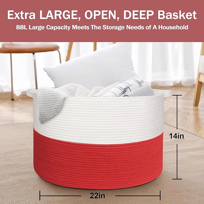 MEGASKET Large Red Baskets for Storage, 22x14 Wicker Woven Storage Basket, Blanket Organizer, Kids Toy Bin Box, Bathroom Beac