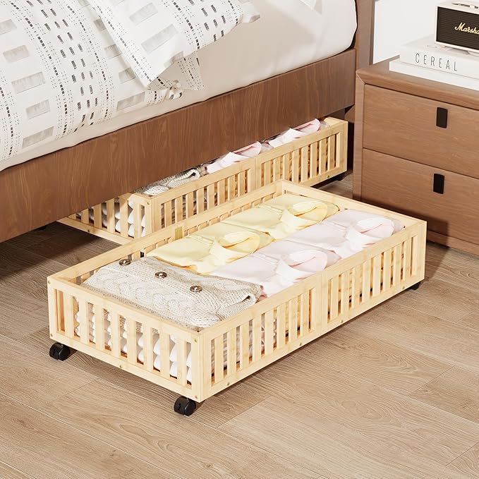 Bamboo Under Bed Storage with Wheels,Rolling Underbed Shoe Organizer Box for Shoes,Blankets,Toys,Clothes Container Space-Savi