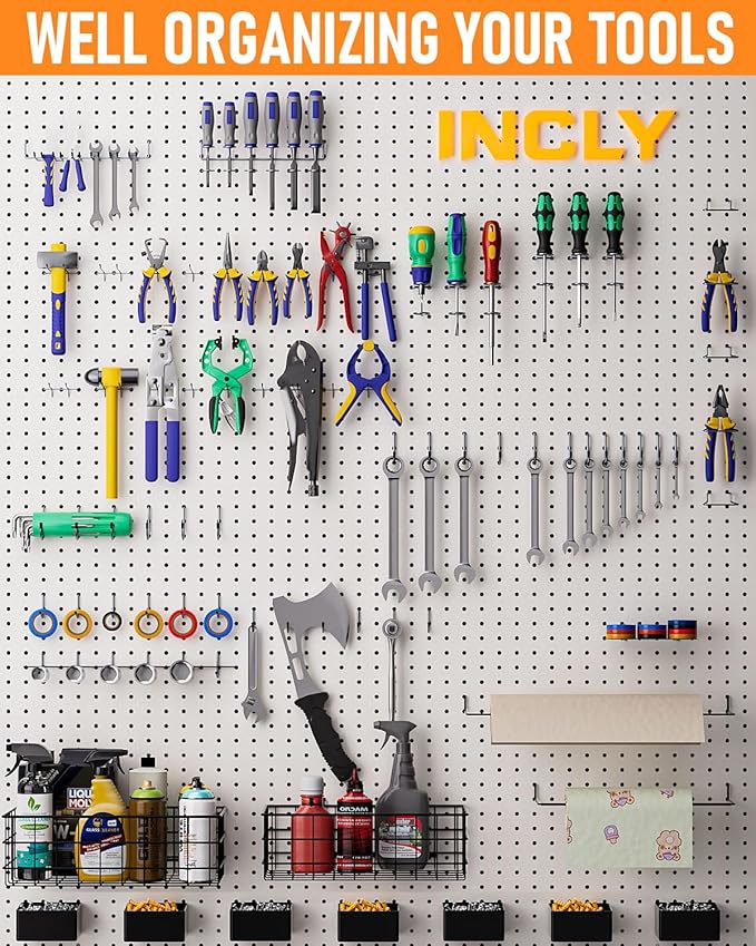 INCLY 238PCS Pegboard Accessories Organizer Kit, Peg Board Hooks Assortment with Peg Bins, Baskets, Paper Towel Holder for 1/