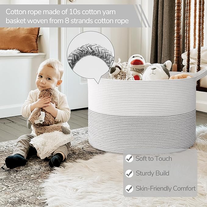 INDRESSME 115L Extra Large Blanket Basket, Cotton Rope Toy Baskets Storage Kids Toy Bin for Playroom Decor Woven Baby Laundry