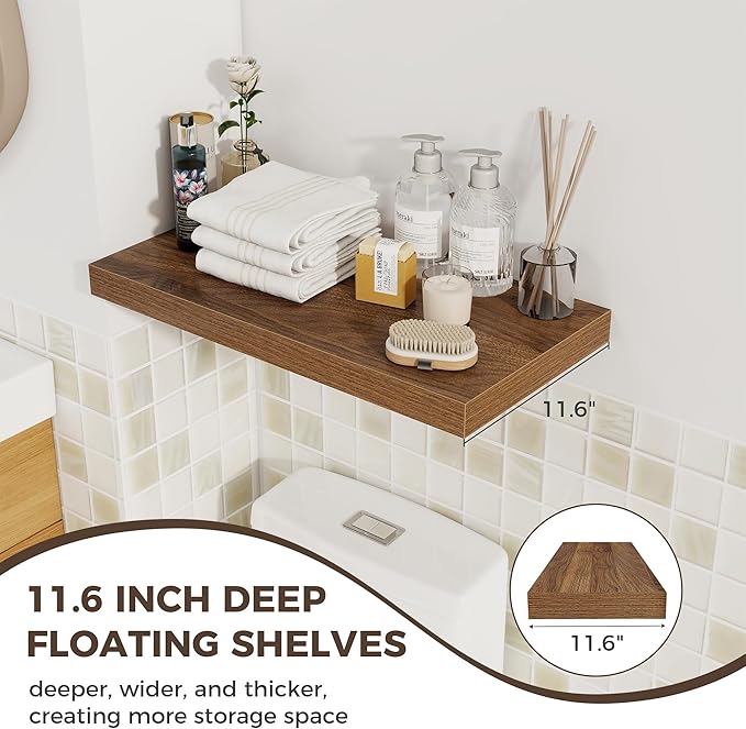 Fun Memories 24 x 12 Inch Deep Floating Shelves, 12 Inch Deep Rustic Wooden Book Shelf, Extra Deeper & Thicker Hanging Shelve