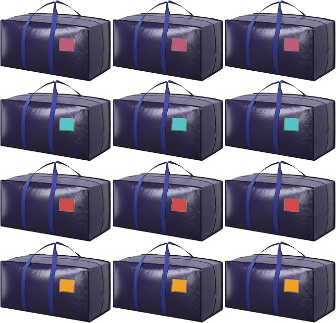 12 Pack Moving Bags with Full-Open Side Zipper, Extra Large 93L Heavy Duty Waterproof Foldable Storage Totes for College