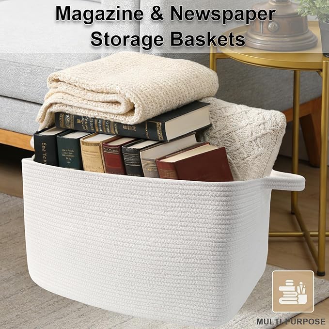 96L Large Blanket Basket,24"x16"x15"Rectangle Storage Bin with Handles,Woven Rope Laundry Basket for Toys, Clothes,Magazines,