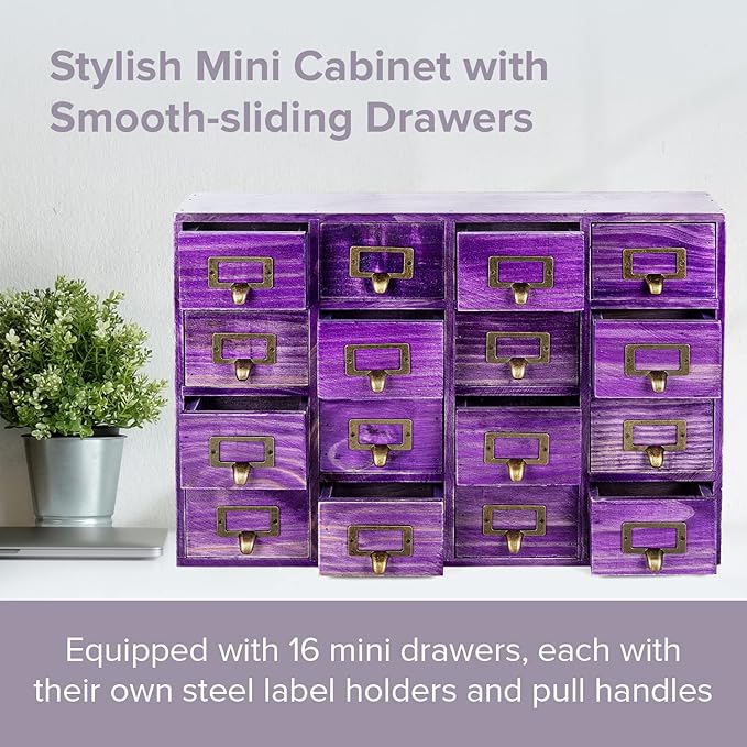 Purple 16-Slot Wooden Drawer Unit - Country Style Desk Organizer Box - 20"x3.6”x14” Wooden Storage Box w/ 16 Drawers - Counte