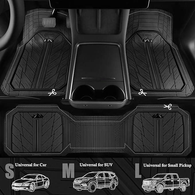 CAR PASS Floor Mats for Cars M-L Size, Heavy Duty Rubber Floor Mats with Trunk Cargo Liner, Universal Trim-to Fit Automotive Floor mats for Truck Van SUV Waterproof All Weather Car Mats Solid Black