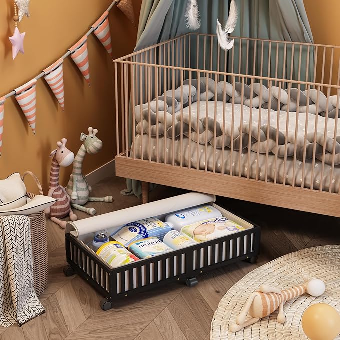 Bamboo Under Bed Storage Containers with Wheels, 2 Pack Large Under the Bed Shoe Storage Bins, Wood Rolling Underbed Drawers 