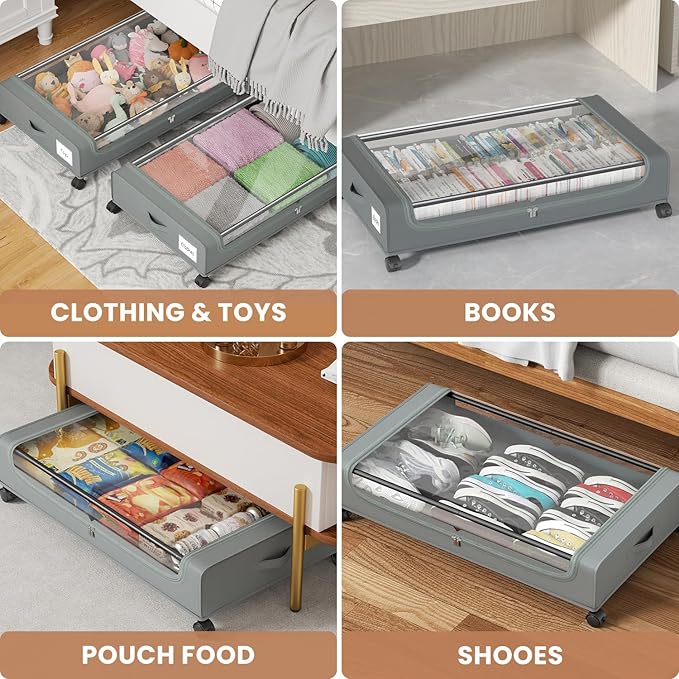 Under Bed Storage Containers with Clear Lid, Large Under Bed Storage with Wheels,6.22"H Under Bed Containers Rolling Under Be