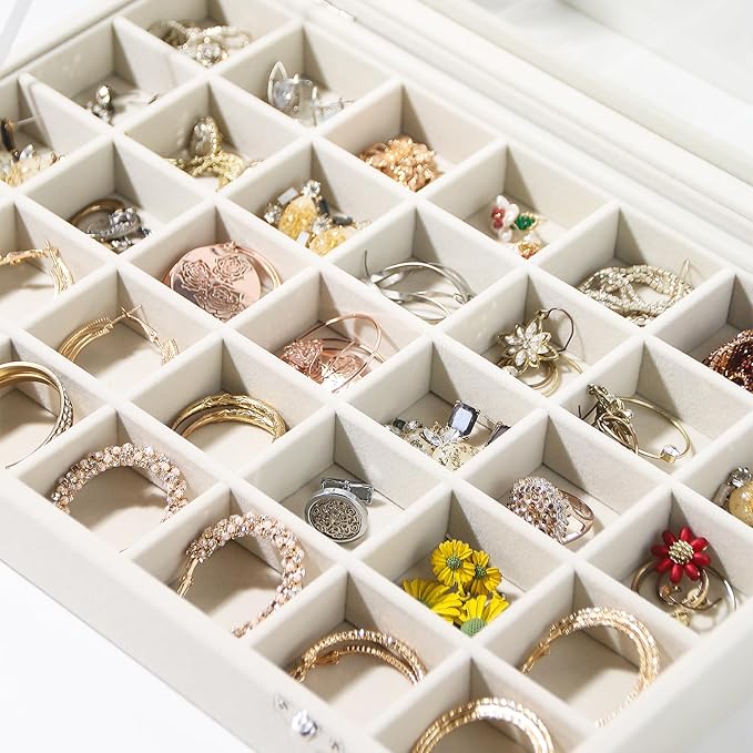 Coward Ring Earring Jewelry Organizer Box, 35 Grids Dustproof Display Holder Case, Beige Velvet Jewelry Bead Display Tray Cas