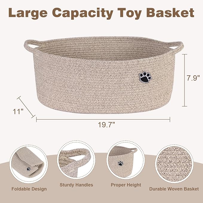 Optish Dog Toy Basket, Toy Box and Bin for Dog Cat Storage, 19.7" X 11" X 7.9" (30L) Large Woven Rope Basket for Blanket Stor