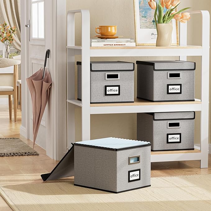 Huolewa Upgraded Portable File Organizer Box with Lid, Collapsible Linen Hanging Filing Storage Boxes with Plastic Slides, De