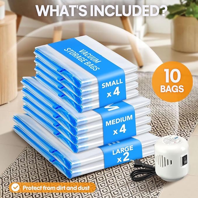 10 Pack Travel Vacuum Storage Bags With Electric Pump, Vacuum Seal Bags for Clothing, Vacuum Sealer Bags for Luggage, Travel 