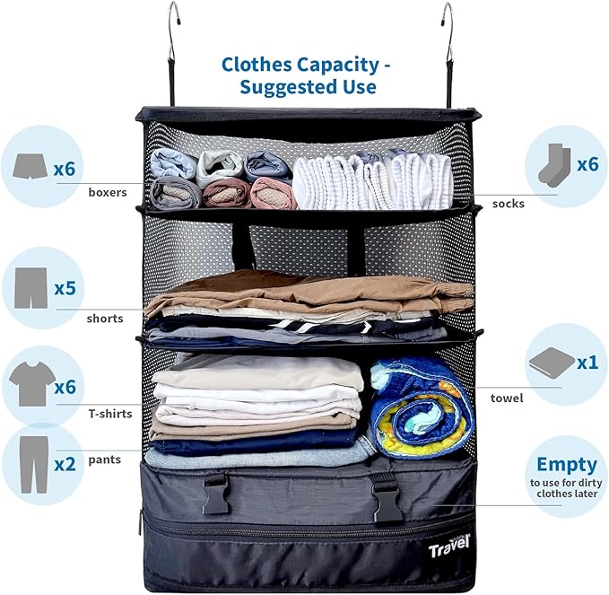 Grand Fusion Stow-N-Go Packing Organizer for Luggage, Portable Hanging Travel Shelves, Carry-On Closet, Hanging Packing Cubes