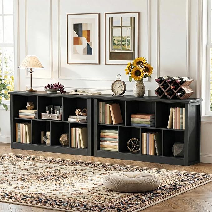 Unikito 7 Cube Storage Book Shelf - 50" Wide Wood Cube Storage Organizer, Wooden 2 Tiers Floor Standing Low Bookcase for Livi