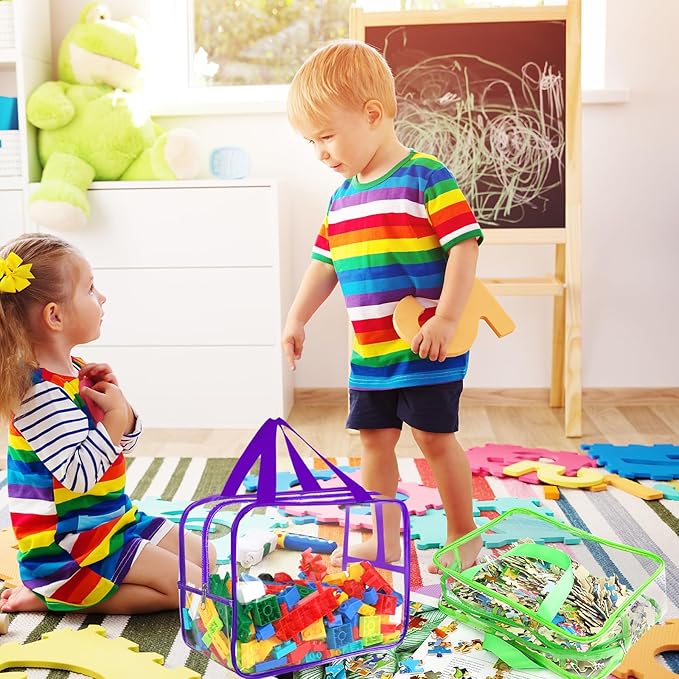 6 Colors Large Toy Storage Bags with Labels, Reusable Clear PVC Board Game Storage, Travel Waterproof Organizer Bags with Zip