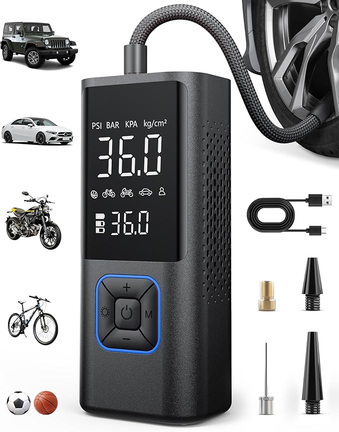 Cordless Tire Inflator 150PSI Portable Air Compressor with Auto Shutoff, Air Pump for Car Tires, Motorcycle, Bike, Balls, Inflatables, LED Light, Blue, Large Capacity