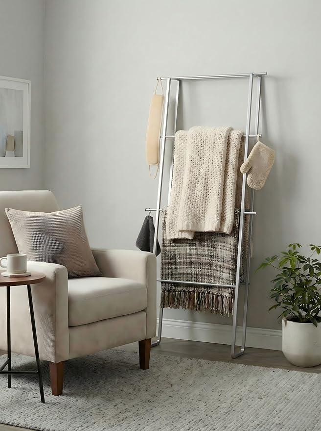 Metal Leaning Ladder Towel Rack, 4-Tier Blanket Stand for Bathroom Living Room, No Drilling Quilt Storage Organizer(Silver)