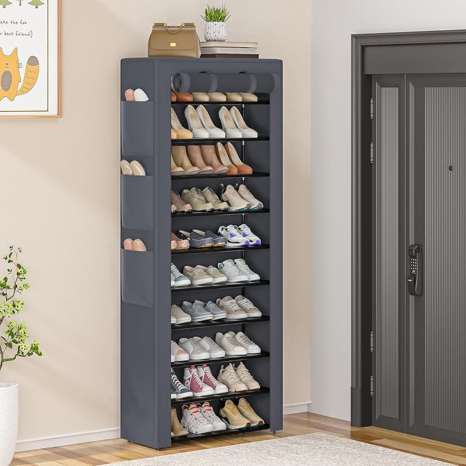 OYREL Shoes Rack 10 Tier Tall Shoe Rack with Storage Pockets, Fabric Covered Shoe Racks,Metal Shoes Rack Organizer for Closet