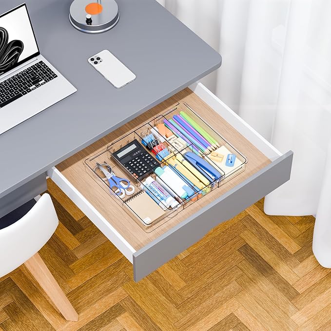 Yieach Expandable Desk Drawer Organizer Tray,1.8 Inch High Junk Drawer Organizer for Kitchen,Clear Shallow Office Drawer Orga