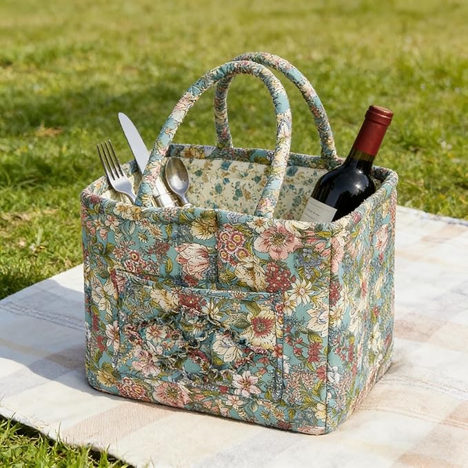 Quilted Laundry Basket with Handles - Multi-Purpose Fabric Storage Basket，Boho Fabric Storage Baskets with Handles for Car, H
